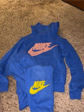 Nike Kids Blue Hoodie and Joggers with Pink and Yellow Logos Sz YS